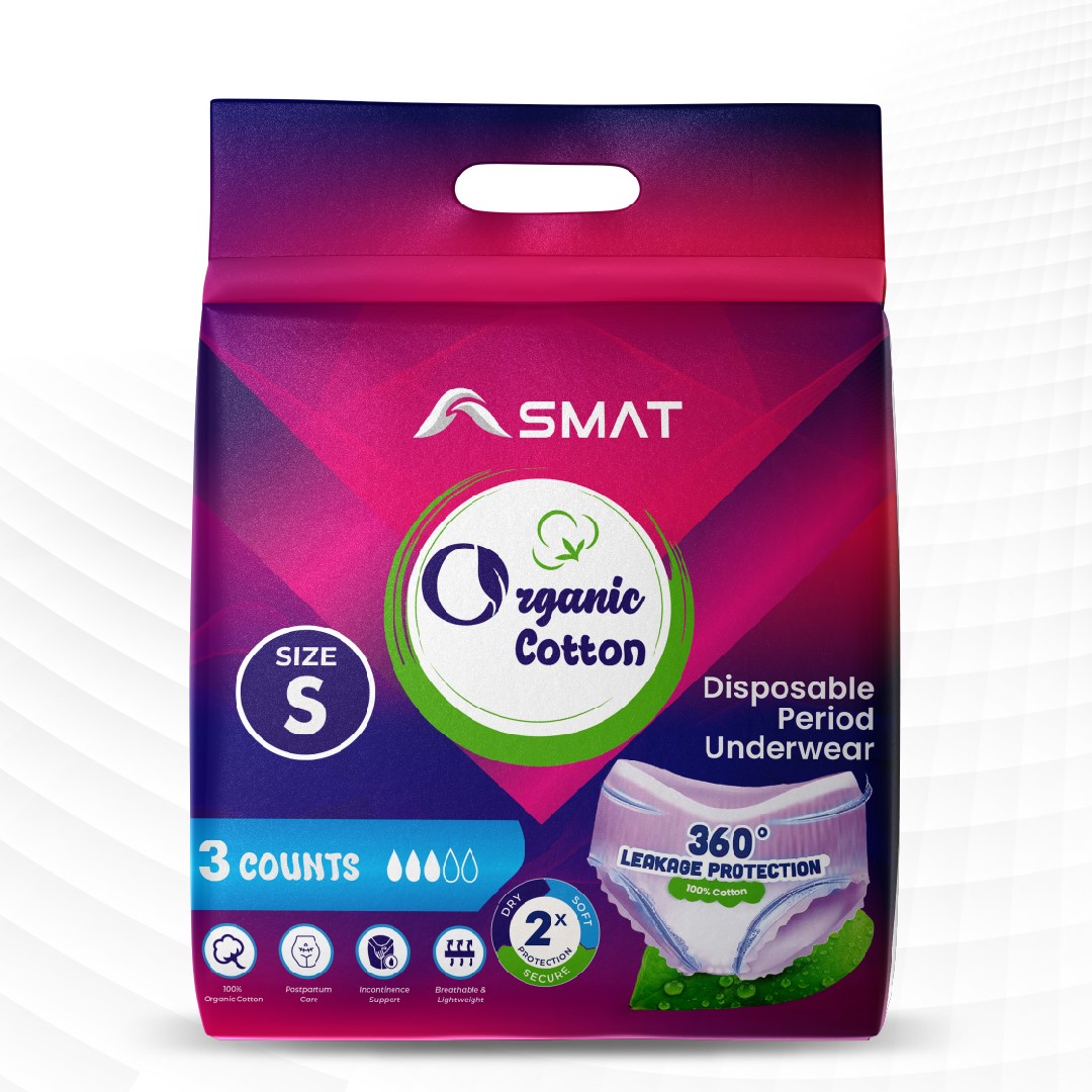 Picture of Asmat Certified Organic Cotton Disposable Period Underwear for Sensitive Skin, Super Absorbent for Women, All-Day or Overnight, Small, 3 Count